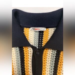 Zara Men’s Crochet Knit Short Sleeve Collared Polo 100% Cotton Small Blue Yellow